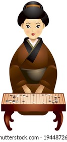 Go game player, Japanese girl sitting near Goban, game board for the ancient far Eastern logic game of GO