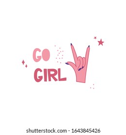 Go girl hand lettered feminism standpoint slogan with horn of rock symbol clipart. Vector female hand in hand drawn doodle style. Girl power trendy pink and purple color scheme.