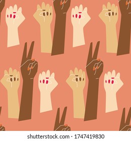 Go girl illustration with raised different skin colors women hands, seamless pattern