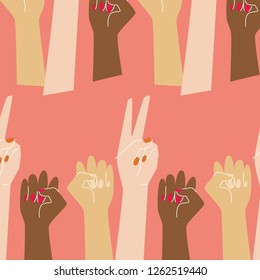 Go girl pattern with raised women hands in coral background 