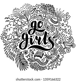 Go girls. Hand drawn lettering and summer elements on white background. Design element for coloring page, poster, card. Motivation phrase. Vector illustration