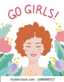 Go girls, International Women’s Day poster, feminism. Red hair woman character vector illustration. 8 march concept, flat design. Spring flowers, romantic floral art. Greeting card with lettering