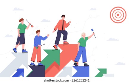 Go to goal. Men and women on growing arrows are moving towards goal. Motivation and leadership, ambition and self development, career. Strategic planning, teamwork. Cartoon flat vector illustration