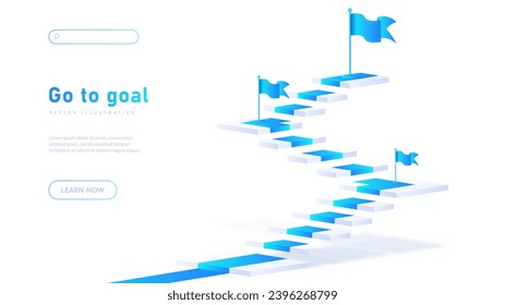 Go to goals white poster. Path from neon flags. Motivation and leadership, planning. Aspiration and success. Landing page design. Cartoon isometric vector illustration isolated on white background