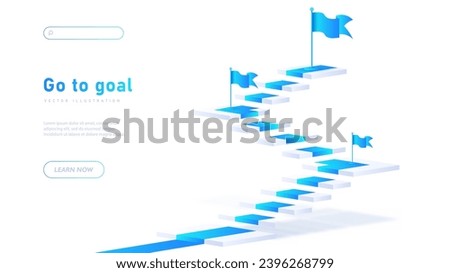 Go to goals white poster. Path from neon flags. Motivation and leadership, planning. Aspiration and success. Landing page design. Cartoon isometric vector illustration isolated on white background