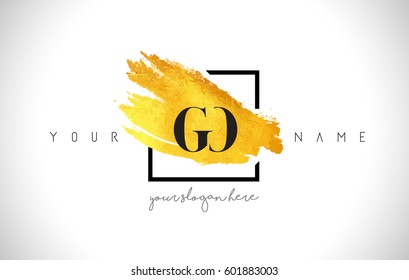 GO Golden Letter Logo Design with Creative Gold Brush Stroke and Black Frame.