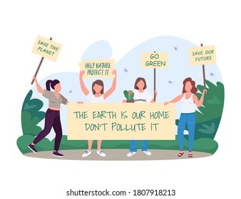 Go Green 2D Vector Web Banner, Poster. Saving Ecology Progressive Movement. Women Role In Society Flat Characters On Cartoon Background. Girl Scouts Protect Nature. Ecofeminism Scene