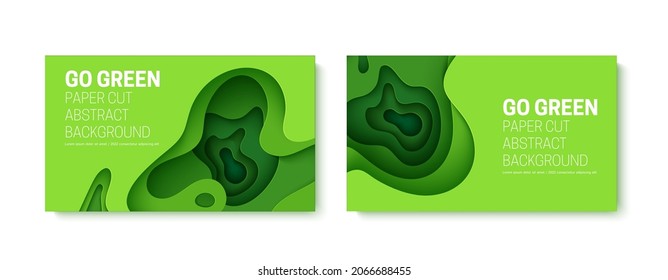 Go green abstract background in paper cut style. 3d layout wallpaper cut out from cardboard. Modern template with abstract curve shapes. Vector environmental card with papercut waves for eco poster