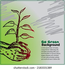 go green background with hand drawn and small tree, vector eps 10