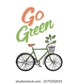 Go Green Bicycle with Plant Basket. Eco-friendly transportation and sustainable living.