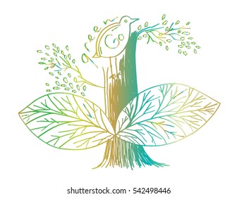 Go green bird on tree.Hand drawing illustration.