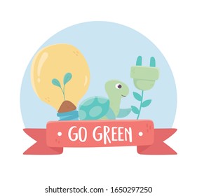 go green bulb turtle and plug environment ecology cartoon design vector illustration