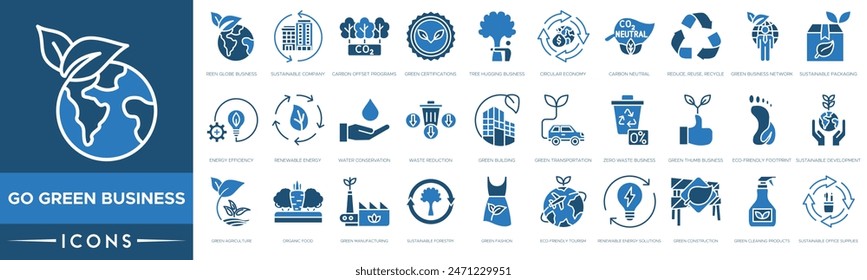 Go Green Business icon set. Green Globe Business, Sustainable Company, Carbon Offset Programs, Green Certifications, Tree Hugging Business, Circular