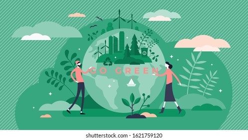 Go green call for global sustainable development and healthy planet environment, flat tiny persons concept vector illustration. Ecology, recycling and renewable energy social and business movements.