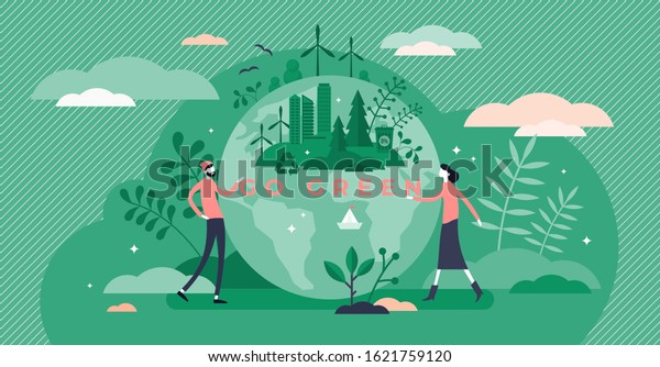 Go green call for global sustainable development and healthy planet environment, flat tiny persons concept vector illustration. Ecology, recycling and renewable energy social and business movements.