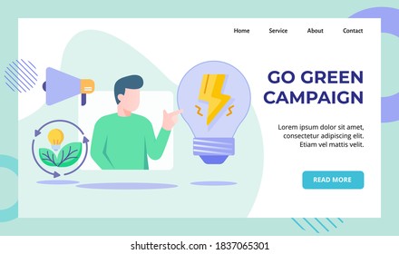 Grüne Kampagne Männer präsentieren grüne Energie Blatt Lampen Blitzleuchte Megaphone Kampagne für Website Startseite Startseite Startseite-Template Banner mit flachem Stil