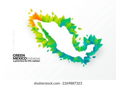 Vamos verde, iniciativa de remoción de carbono, diseño gráfico Mapa de México con hojas verdes