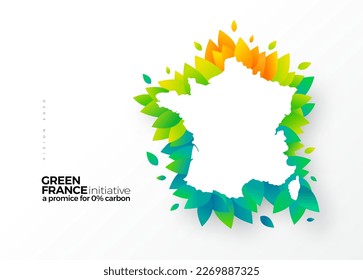 Go green, carbon removal initiative, graphic design France map with green leaves