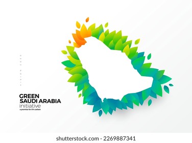 Go green, carbon removal initiative, graphic design Saudi Arabia map with green leaves