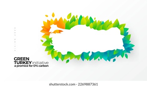 Go green, carbon removal initiative, graphic design Turkey map with green leaves