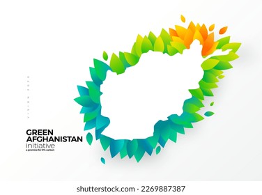 Go green, carbon removal initiative, graphic design Afghanistan map with green leaves