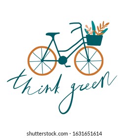 Go green card, poster or banner with calligraphy. Eco life concept about environment and ecology. Illustration with bicycle and handwritten letters. Zero waste life slogan, typography. Vector 