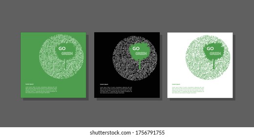 GO GREEN cards collection. Set of 3 square poster templates gift ecology postcards with the earth, tree, lettering, birds, vector illustration