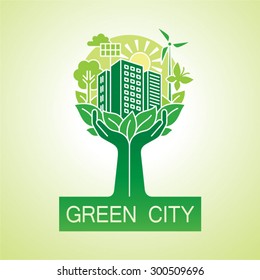 Go green city logo. Ecology concept. Hands hold the city. Vector illustration.