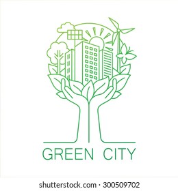 Go green city logo. Ecology concept. Hands hold the city. Linear style. Vector illustration.