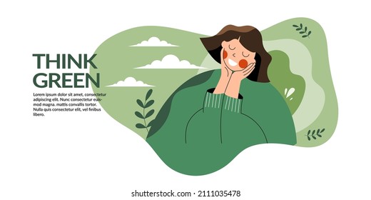 Go green concept with calm and wellness woman and flowers vegetation around. Love yourself and eco healthy lifestyle. Organic alternative cure. Green thinking flat vector cartoon illustration banner