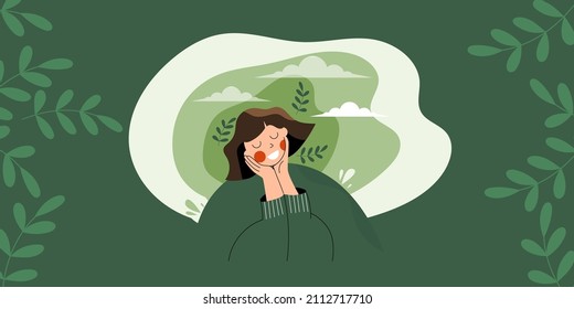 Go green concept with calm and wellness woman and flowers or vegetation around. Love yourself and eco healthy lifestyle. Organic cure and aromatherapy. Green thinking flat vector illustration banner