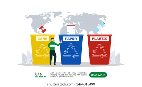 go green concept with people character. cans, paper, and plastic recycle bin. a man chooses one of thrash bin for his purpose. web landing page template, banner, presentation, social, and print media.
