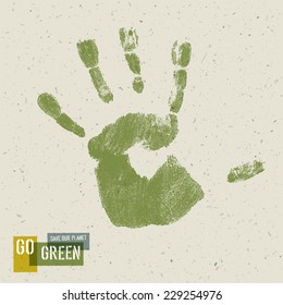 Go Green Concept Poster. Handprint on recycled paper texture, vector