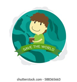 Go green concept. Save world cartoon vector Illustration.
