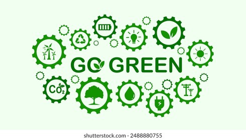 Go Green concept, sustainable environmental development, sustainable energy business, climate change with green icons