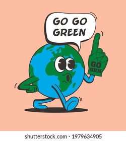 Go green concept with walking comic  vintage Earth planet character isolated on pink background. Eco activism or Earth Day concept for sticker or poster or flyer design. Vector illustration