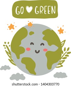 Go green, Earth hug drawing. Cute cartoon Earth Day vector clip art illustration.