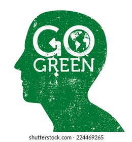 Go green earth logo on head, grunge, vector illustration