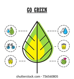 Go green, eco concept with line design. a big leaf with eco related icon. vector illustration