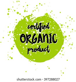 Go green Eco icon and bio sign on watercolor stain. Vector banner 100% natural organic food concept. Farm Fresh logo and Certified Organic Product emblem. Natural Vegetarian food and Vegan food label