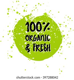 Go green Eco icon and bio sign on watercolor stain. Vector banner 100% natural organic food concept. Farm Fresh logo and Certified Organic Product emblem. Natural Vegetarian food and Vegan food label