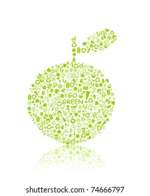 go green eco pattern apple on white backdrop - bulb, leaf, globe, drop, apple, house, trash. Ecology concept.