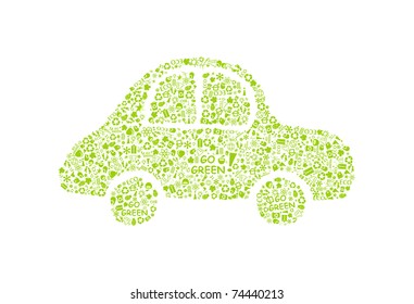 go green eco pattern car on white backdrop - bulb, leaf, globe, drop, apple, house, trash. Ecology concept.
