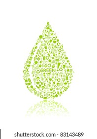 go green eco pattern in drop silhouette on white backdrop - bulb, leaf, globe, apple, house, trash. Ecology concept.