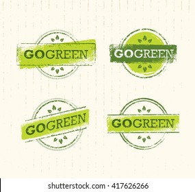 Go Green Eco Stamp Concept On Cardboard Background. Raw Set Of Insignia. Vector Creative Organic Illustration.
