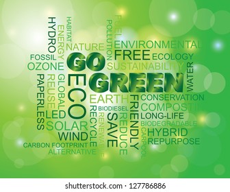 Go Green Eco Word Cloud Illustration Isolated on Green Bokeh Background Vector