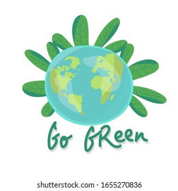 Go Green. Ecology Concept. Graphic Design Editable For Your Design. Earth with leaves on white background isolated