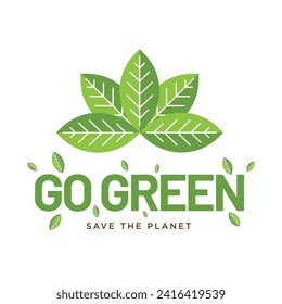 Go Green Environment Label Logo Illustration In Isolated White Background, Go green with leaves. Vector illustration