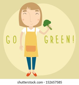 Go green girl holding broccoli