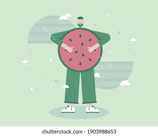  Go green and global mind concept. A vegan man holding a watermelon in his hand. Raw food. Zero Waste. Vector illustration  for telework, remote working and freelancing concept, business, start up